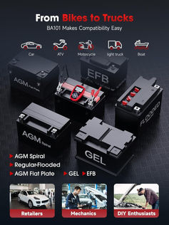 ANCEL BA101 battery tester compatibility chart for vehicles and battery types.