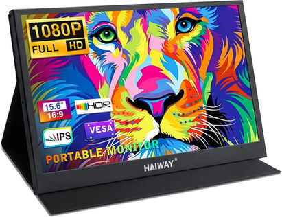 Portable monitor showing colorful lion illustration on screen.