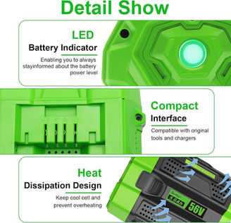 EGO 56V battery detail view showing LED battery indicator, compact charging interface, and heat dissipation vents.