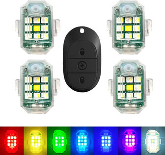 Four rechargeable LED strobe lights with remote control and multicolor modes.