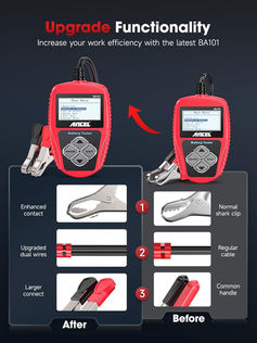 ANCEL BA101 upgraded clamps and dual wires for improved battery testing.