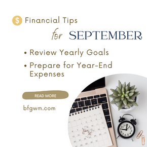 Graphic titled “Financial Tips for September” with two bullet points: “Review Yearly Goals” and “Prepare for Year-End Expenses,” alongside a calendar, laptop, small plant, and alarm clock on a desk.