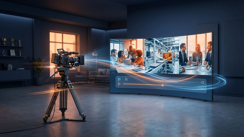 3D Illustration einer modernen Filmproduktion: Eine professionelle Kamera filmt einen großen Bildschirm, auf dem dynamische Szenen eines Unternehmens-Imagefilms mit Mitarbeitenden, Produktion und Kunden zu sehen sind.