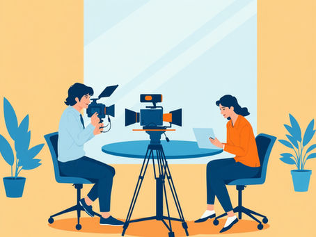 Illustration einer Imagefilm Agentur – Kamerateam und Regisseur bei der Produktion eines professionellen Imagefilms