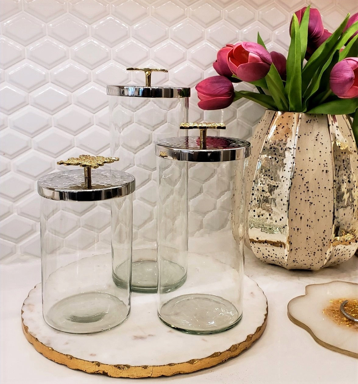 Glass Canister with Silver Hammered lid & Gold Mosaic Handle