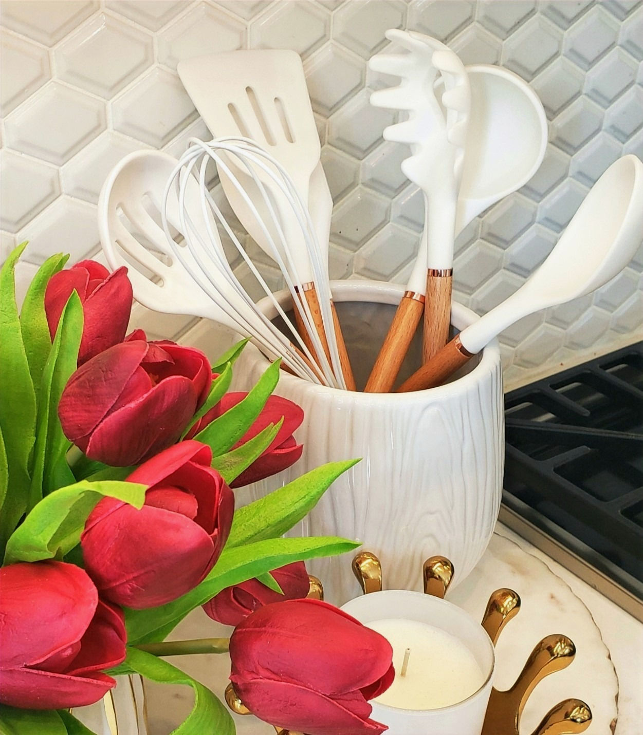 Utensil set - Beechwood and white silicone - 7 piece