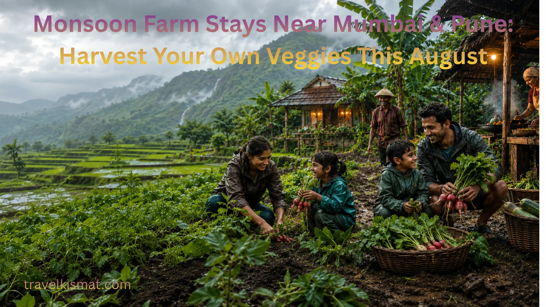 Family harvests veggies at a rainy mountain farm; text says Monsoon Farm Stays Near Mumbai & Pune, Harvest Your Own Veggies This August.