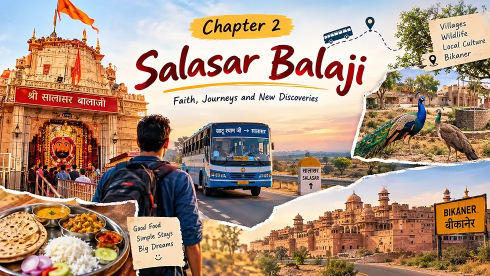 Chapter 2: Salasar Balaji travel collage with temple, bus, pilgrim, peacocks, Bikaner, and food scenes at sunset.