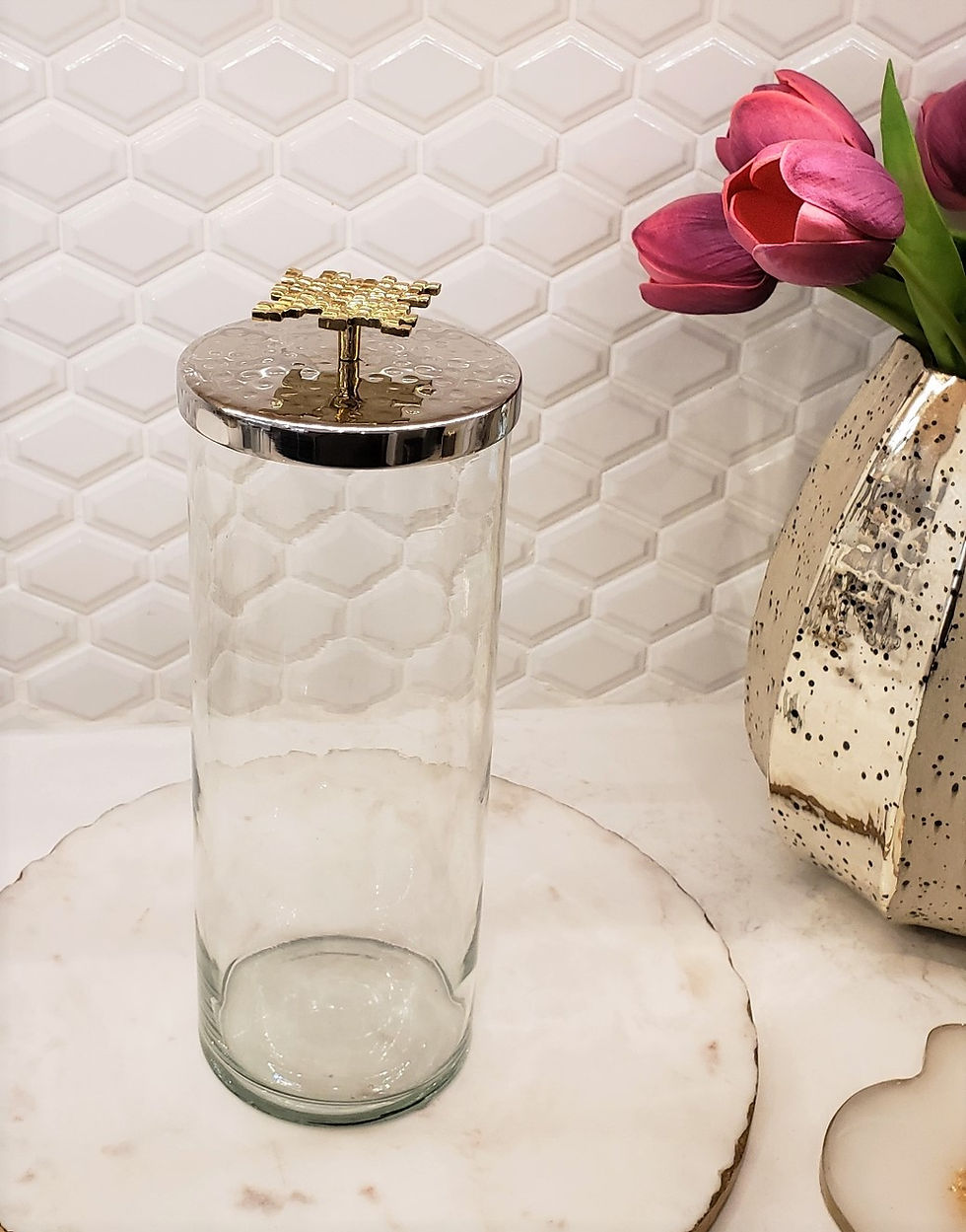 Thumbnail: Glass Canister with Silver Hammered lid & Gold Mosaic Handle