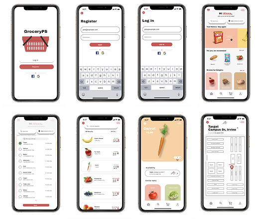 High fidelity prototype of our mobile application, GroceryPS. There are 8 different frames including