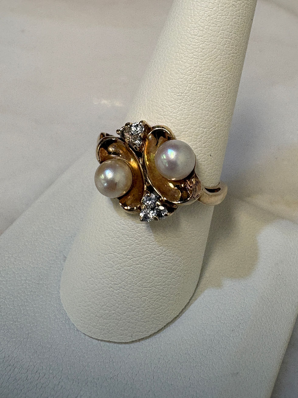 Thumbnail: Vintage 10K Yellow Gold Pearl and Cubic Zirconia Ring, Size 9