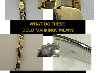 Gold jewelry stamps 10K 14K 417 585 750 showing gold purity markings on estate jewelry at Salerno Pawn Jewelry in Stuart, Florida