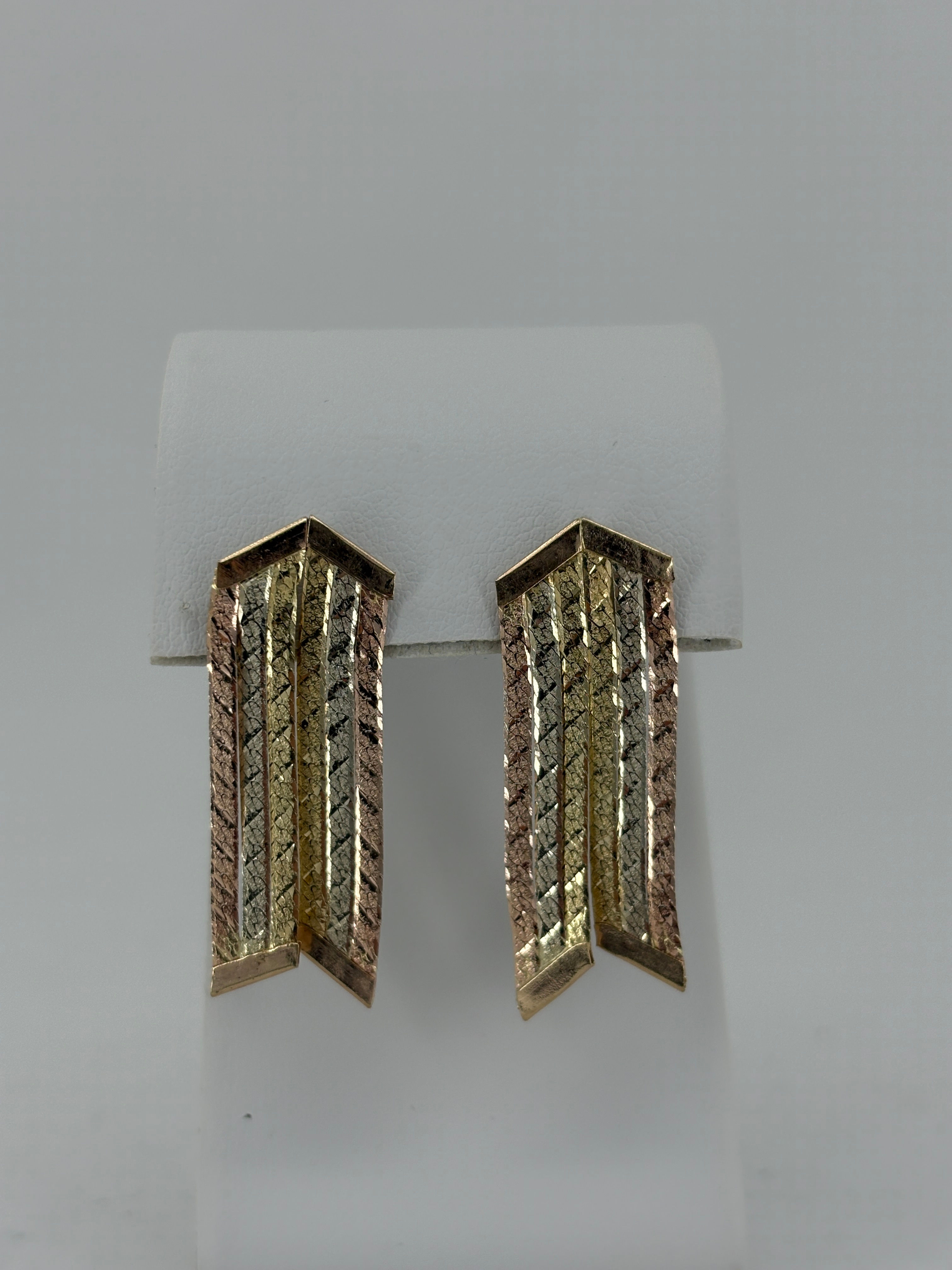 14K Tri Color Gold Diamond Cut Dangle Earrings, Made in Italy