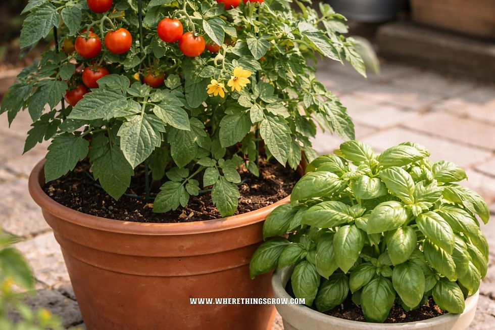 Container garden with cherry tomatoes and basil
