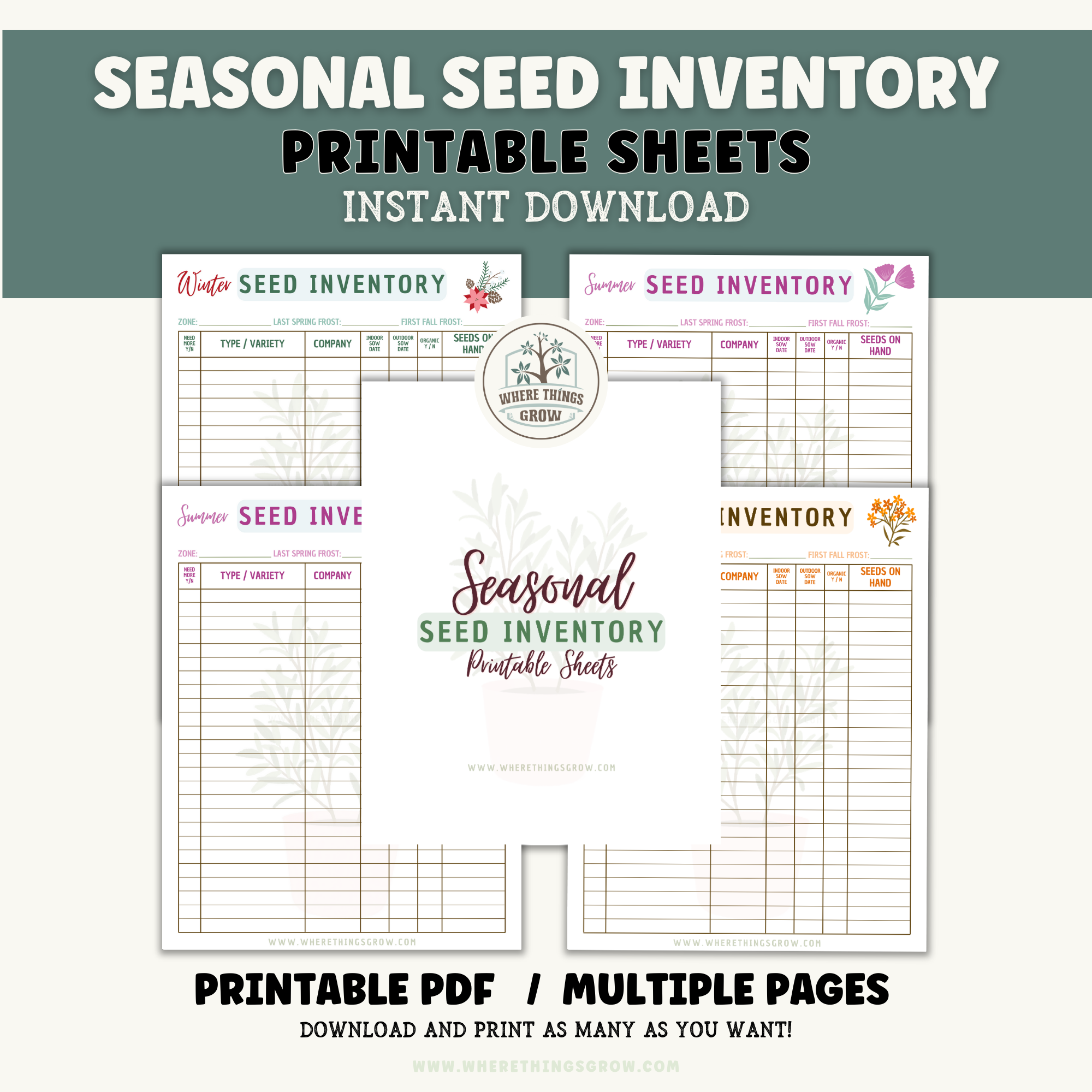 Seasonal garden seed inventory printable sheets bundle for gardeners PDF