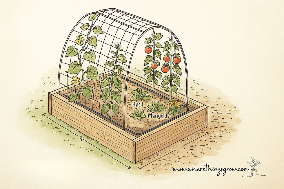 Raised vegetable bed with trellis for vertical crops and wood chip path for easy access.