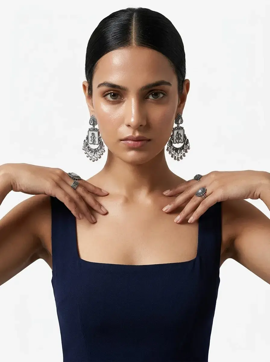 Oxidised Silver White Enamel Floral Chandbali Earrings | Traditional