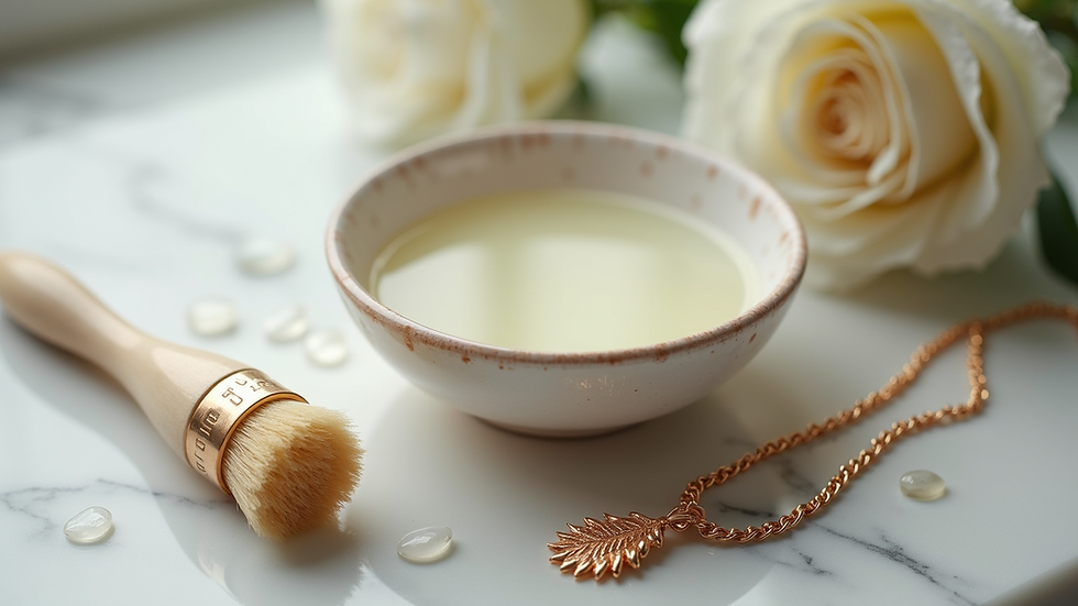 Eye-level view of a small bowl with mild soap solution and a soft brush beside costume jewelry