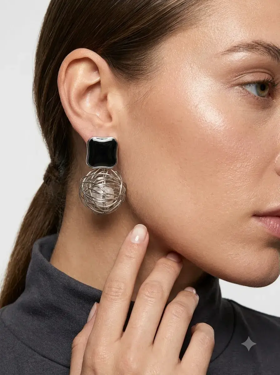 Modern Silver Geometric Woven Wire Ball Drop Earrings | Korean Abstract