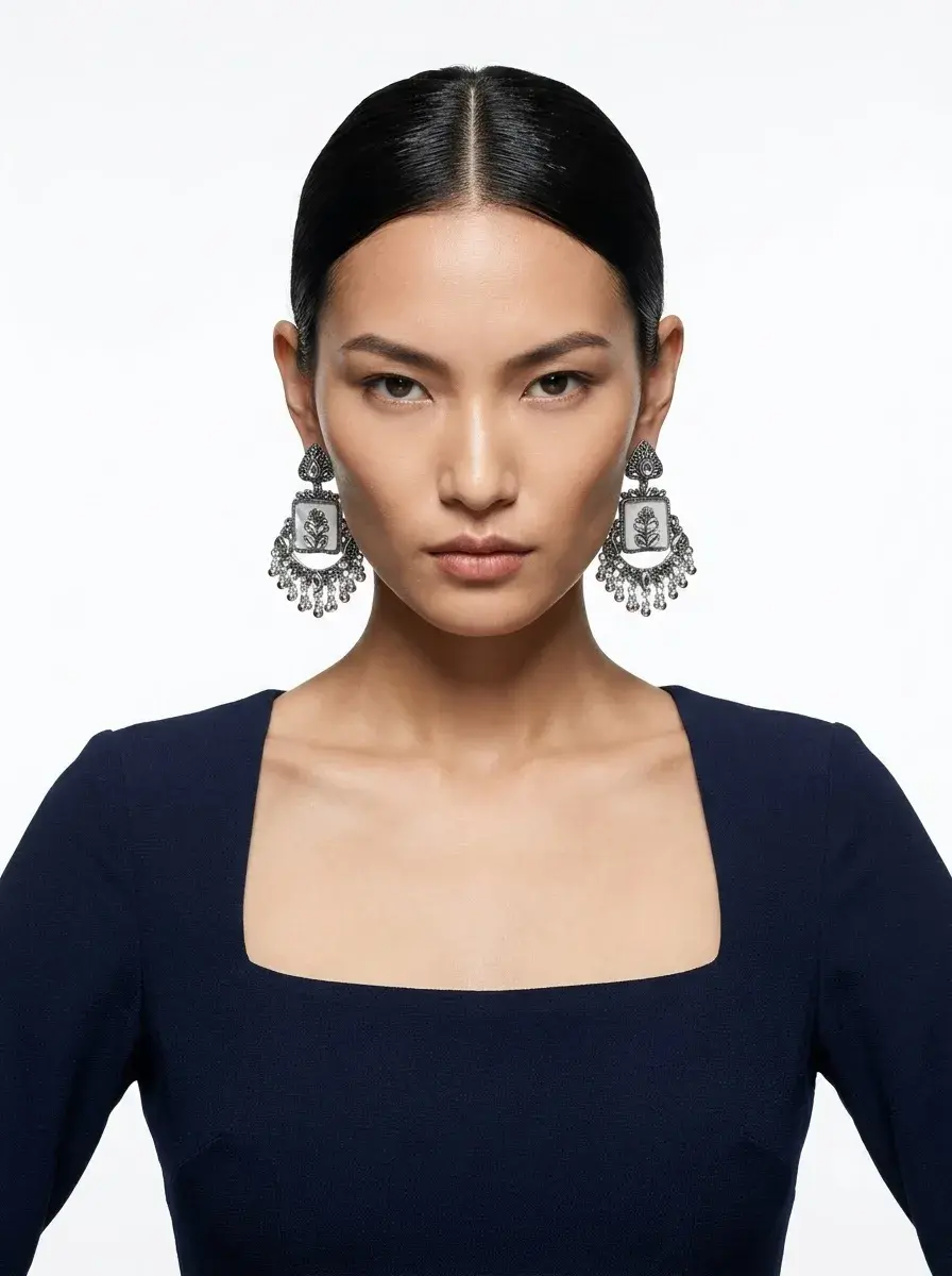 Oxidised Silver White Enamel Floral Chandbali Earrings | Traditional