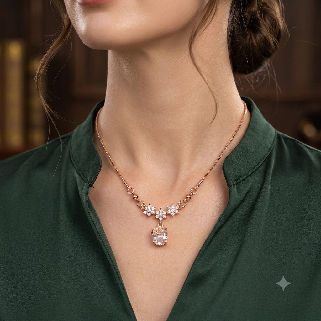 Anti tarnish stainless steel crystal floral gold chain on a model