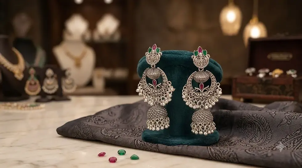 Thumbnail: Oxidised Lakshmi Chandbali Jhumkas | Temple Earrings