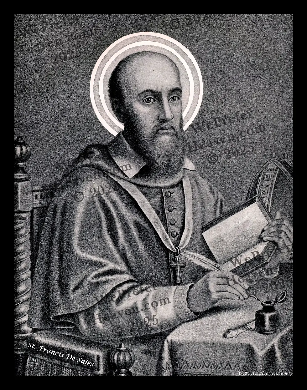St. Francis De Sales sitting at a desk writing a letter to evangelize.