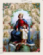 Our Lady of the Rosary with Child Jesus holding the Rosary surrounded by images of all the mysteries.