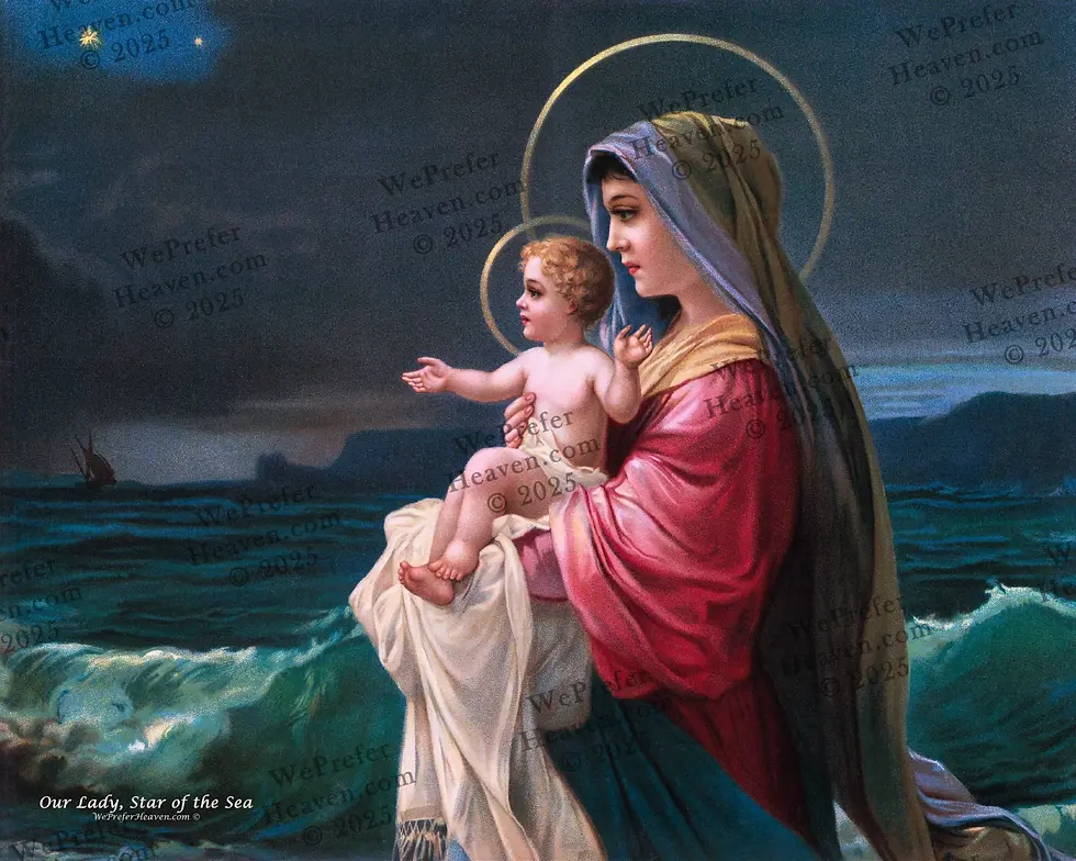 Our Lady, Star of the Sea Mary holding Child Jesus by a stormy sea of Purgatory or boats.