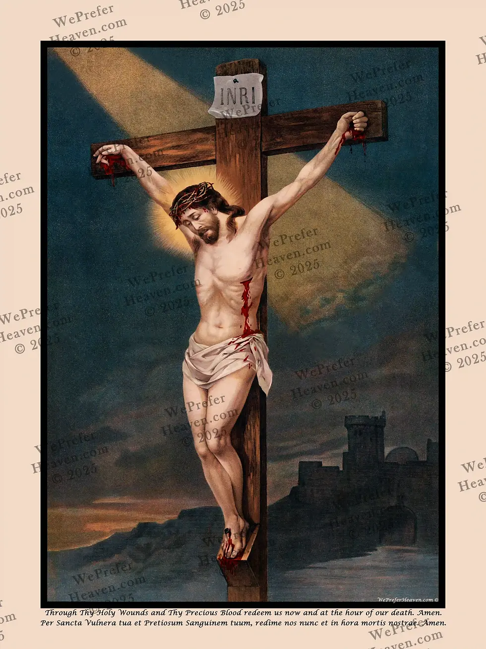 The Crucifixion of Jesus on the Cros with a gold ray of light shining down.