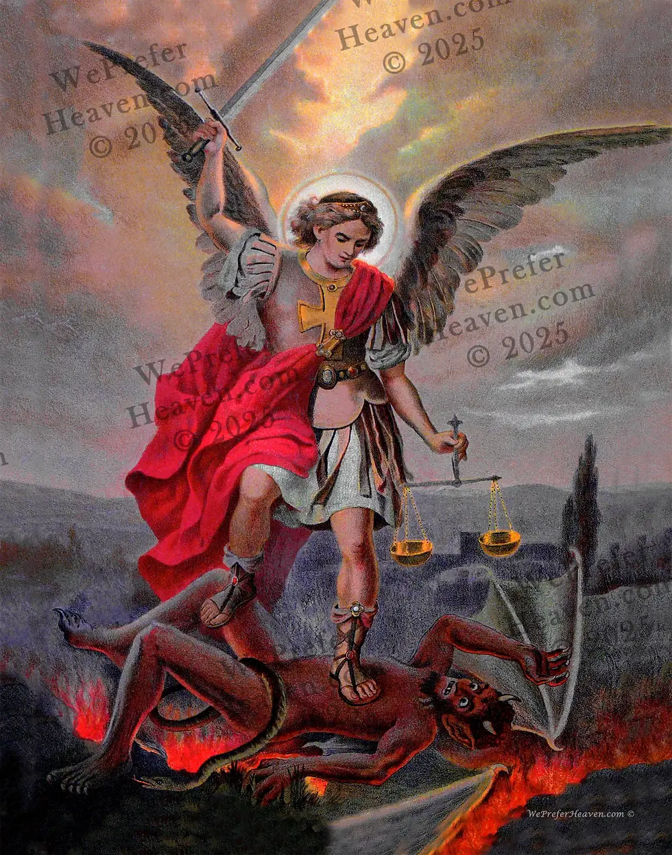 St. Michael the Archangel standing on lucifer with his radiance and sword for spiritual warfare.