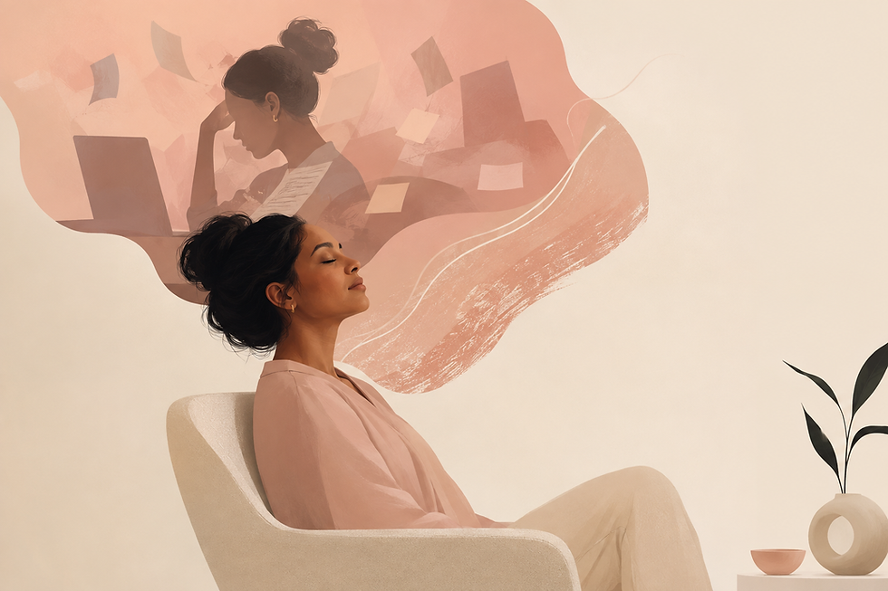 Poc woman sitting on a chair eyes closed, looking relaxed