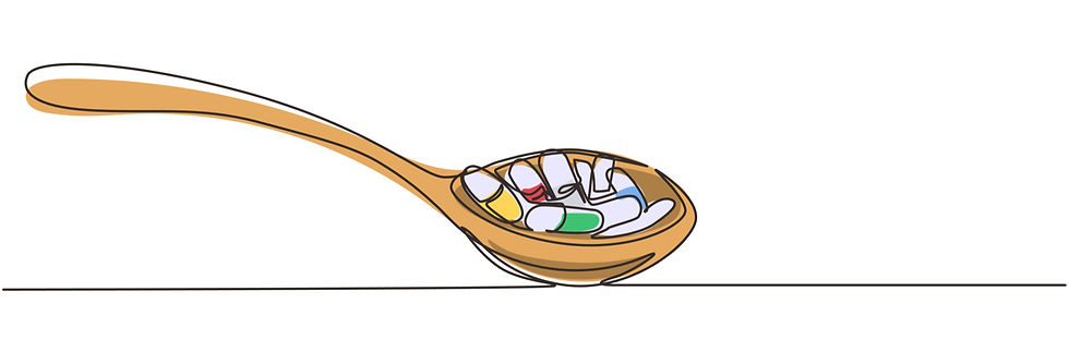 A wooden spoon filled with colorful pills, including yellow, red, and green, against a simple white background.