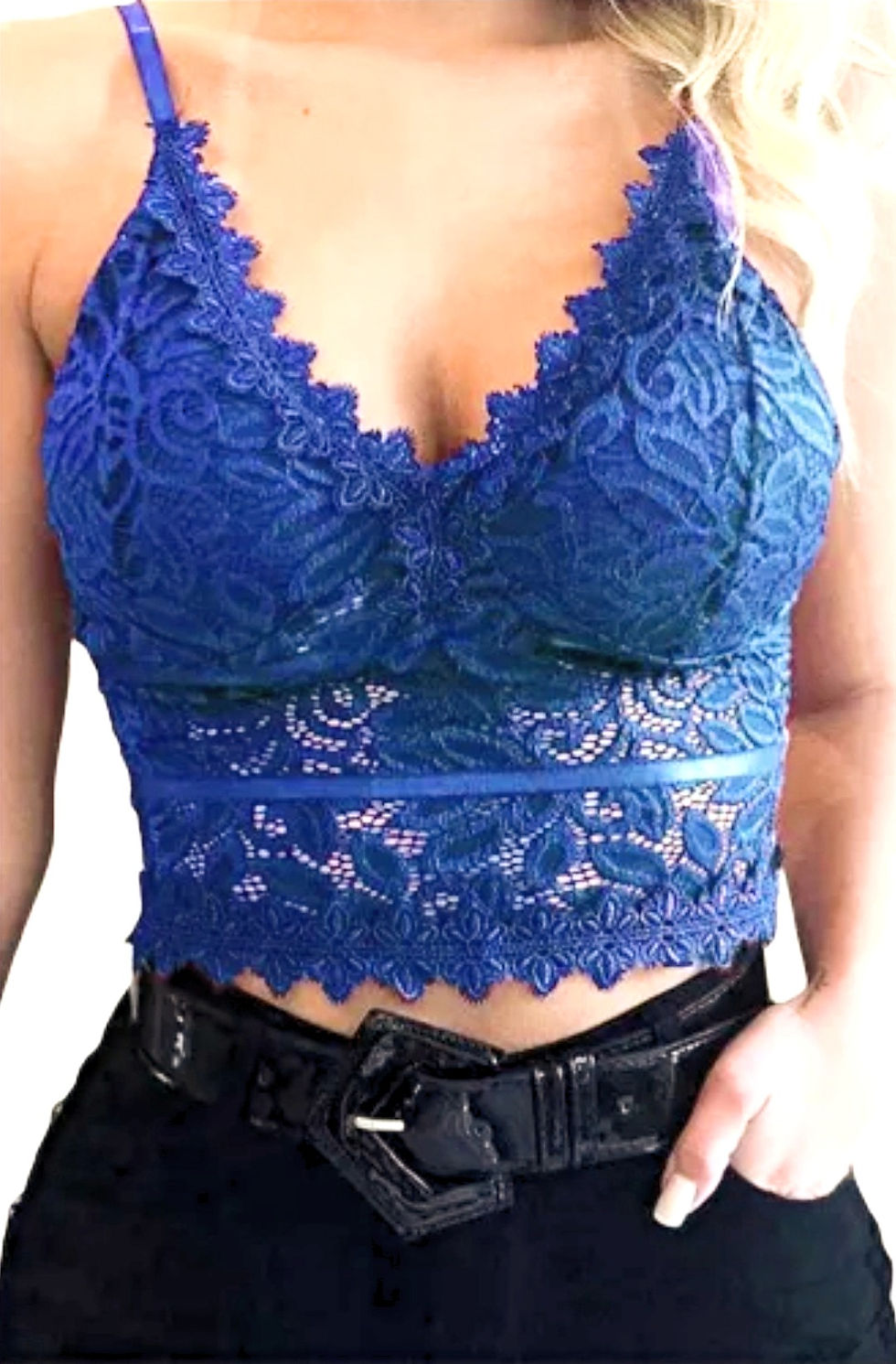 Blue Crop Top Lace Bralette Front View Pose Three