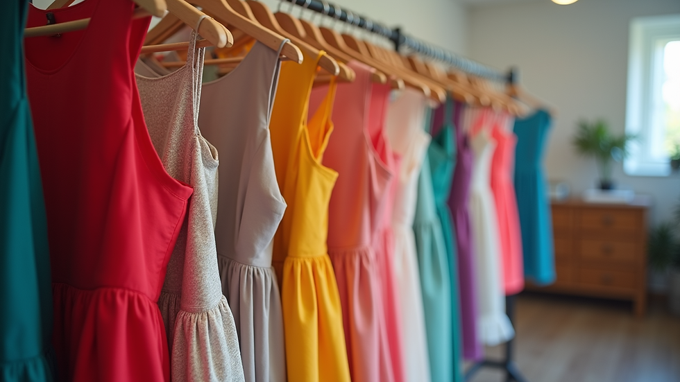 Eye-level view of a clothing rack filled with colorful plus size dresses