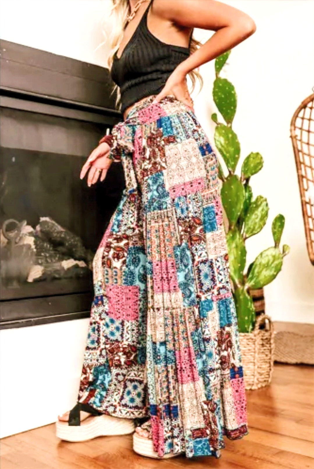 Boho Paisley Mixed Print Wide-Leg Pants Side View