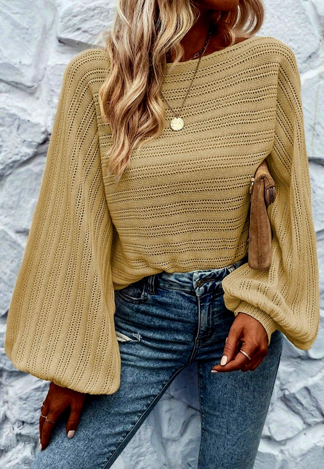 Apricot Lantern Sleeve Knit Sweater Front View