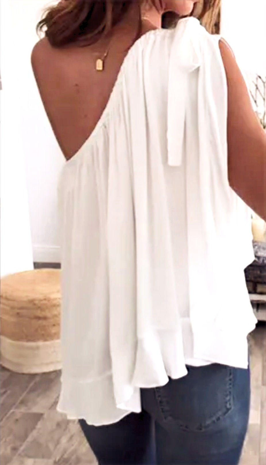 White Ruffled Chiffon Top Back View