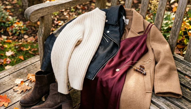 Close-up view of fall fabrics including ribbed knit, satin, leather, and wool