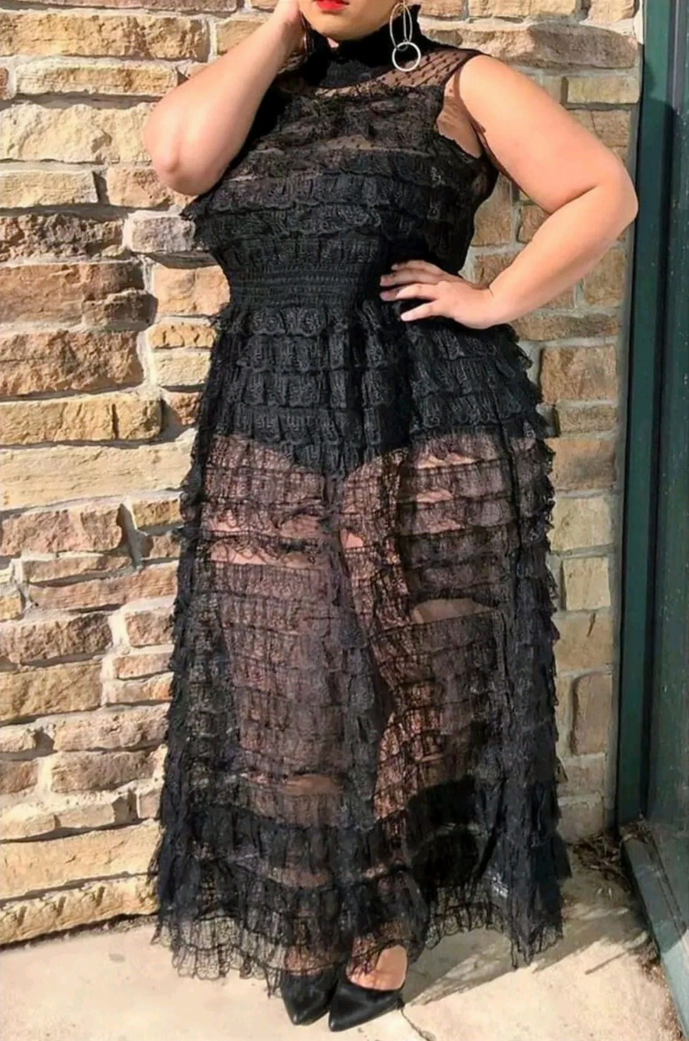 Thumbnail: Ashley Sheer Plus Size Black Ruffle Maxi Dress Side View