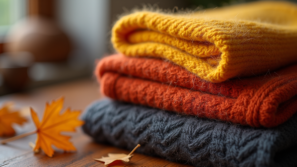 Close-up view of folded wool sweaters in autumn colors