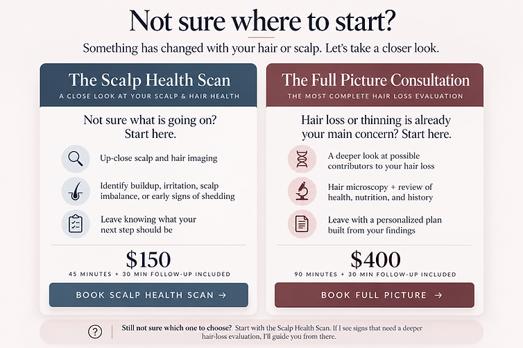 Scalp Health Scan and Full Picture Hair Loss Consultation options at Tabitha F Hair in Plymouth, Minnesota.