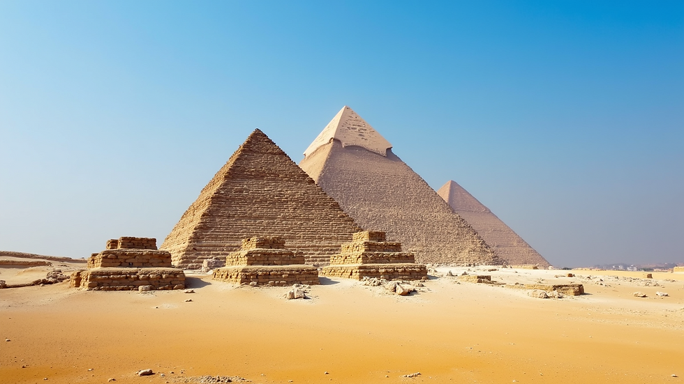 Eye-level view of the Great Pyramid of Giza under a clear blue sky