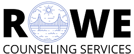 The words Rowe Counseling Services serve as the logo of the company. The letter "o" in Rowe is a light blue, circular drawing of a sun in the sky above a bridge going over the water. 