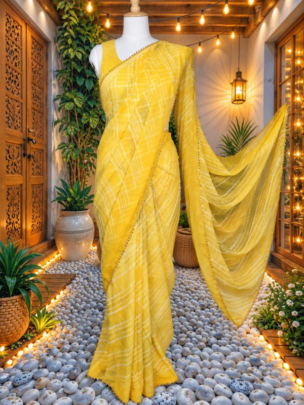 Sunshine Yellow chiffon lehariya saree on display