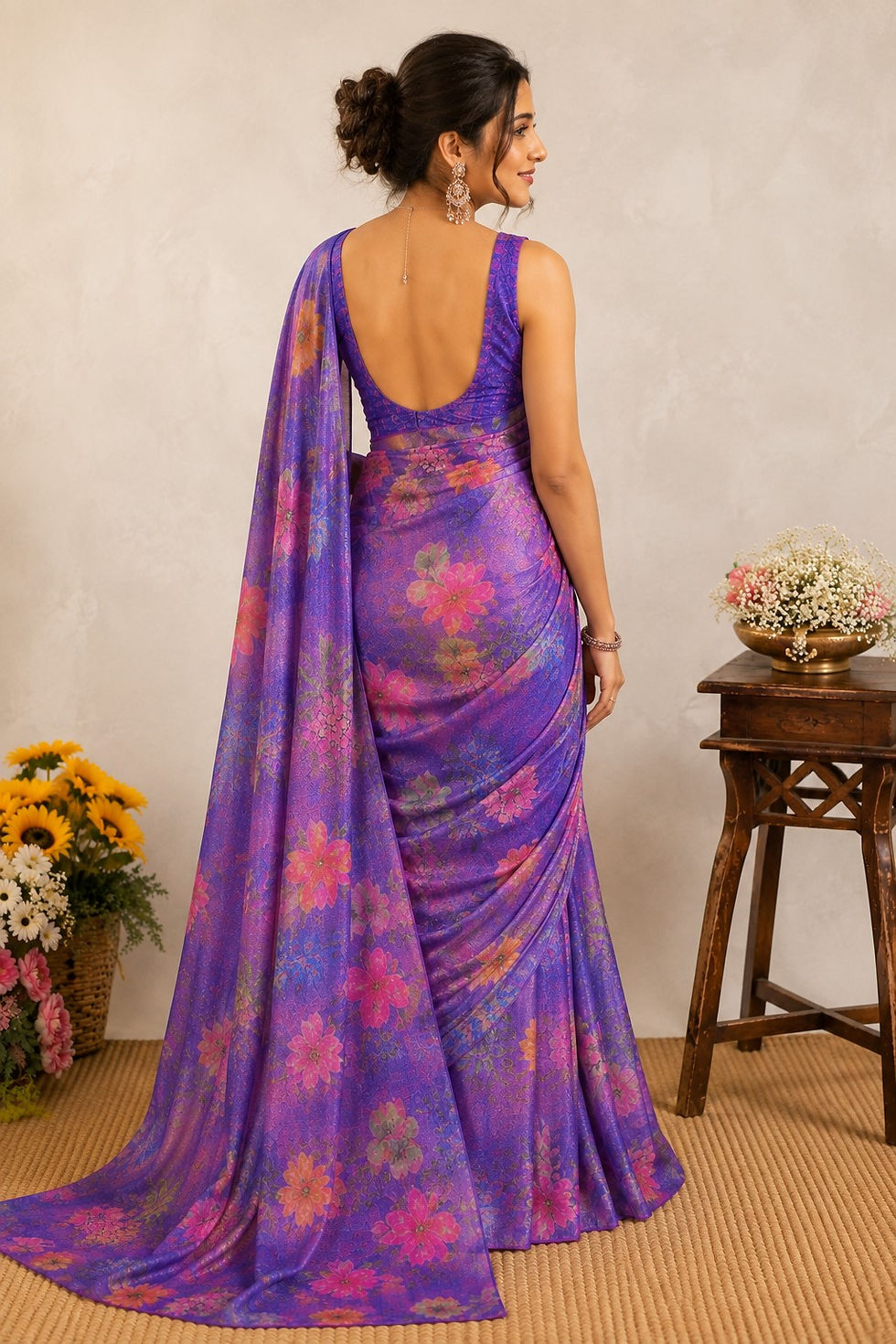 Back view of purple floral satin silk saree