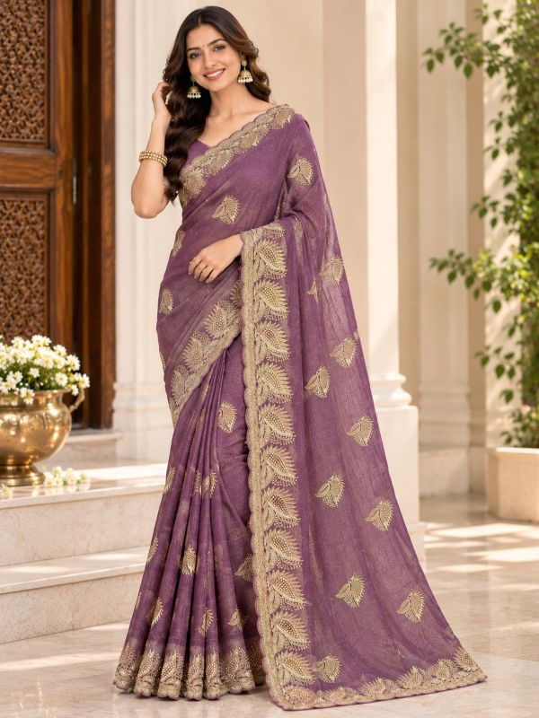 Mauve Organza Tissue Festive Saree with gold embroidery