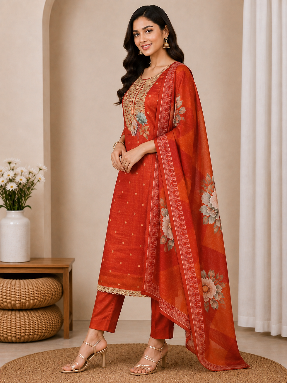 Rust orange floral motif kurti set with floral dupatta