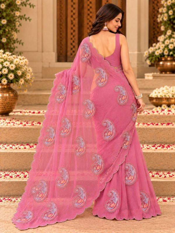 Thumbnail: Back view of a dusty rose sheer organza saree with paisley motifs.
