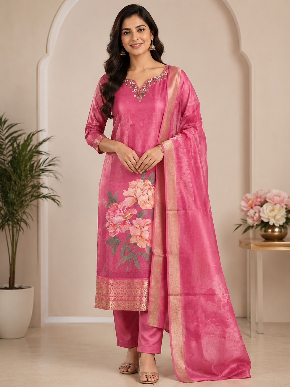 Magenta Pink Embellished neck Kurti Set with Floral Dupatta
